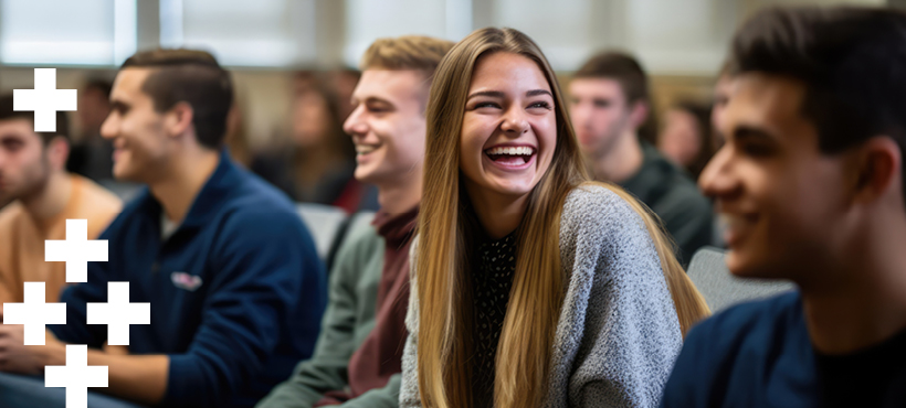 Student at welcome induction laughing Student at welcome induction laughing