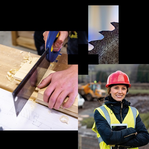 A collage of pictures for construction including a female student