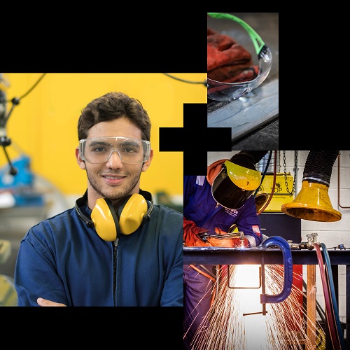 Collage of engineering images including a male student.