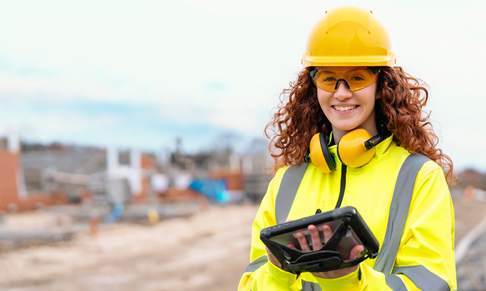 Civil engineer apprentice wearing PPE on site smiling to camera holding an tablet