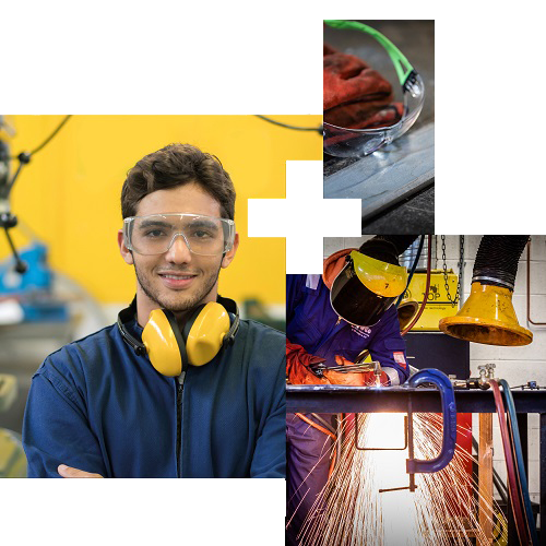 A student in PPE | A person welding | Protective glasses