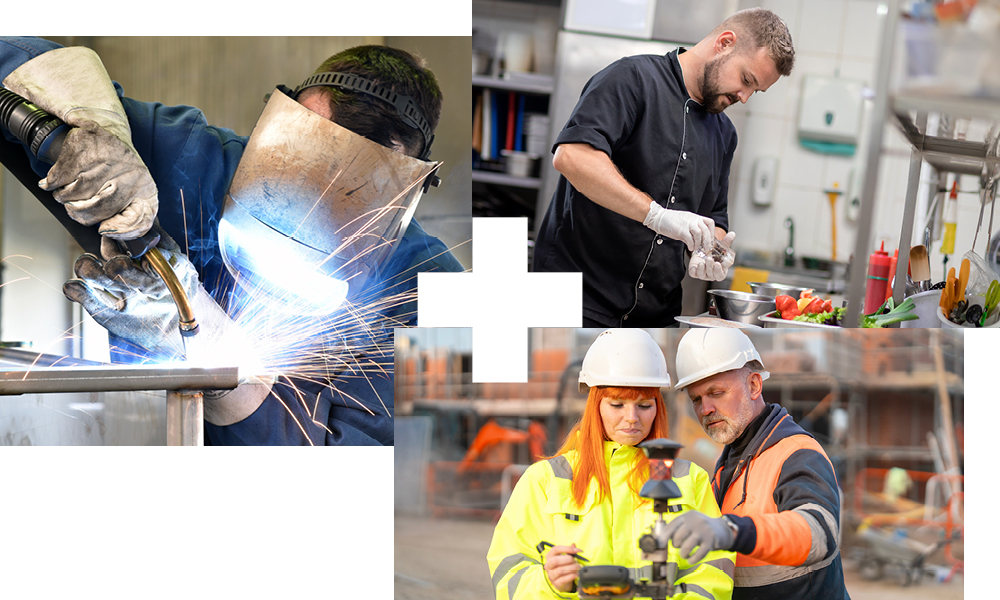 Collage of an apprentice chef, apprentice welder and apprentice civil engineer