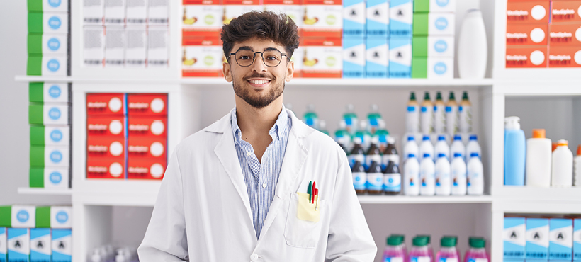 Young pharmacist smiling to the camera