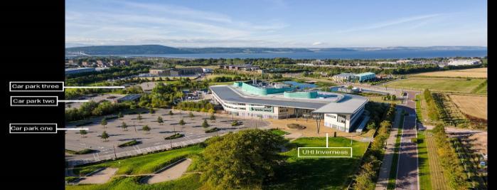 Car parks at UHI Inverness clearly marked on an aerial photograph.