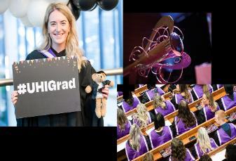 A UHI alumni alongside an aerial image of a UHI graduation ceremony.