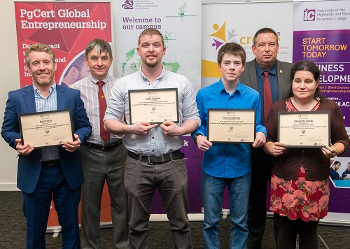 Engineering students Neil Pirritt, Colin Cannon, Noah Stubbings and Charlotte Smith with Keith Mitchell and Paul Rochford, engineering lecturers at Moray College UHI Linkwood Technology Centre