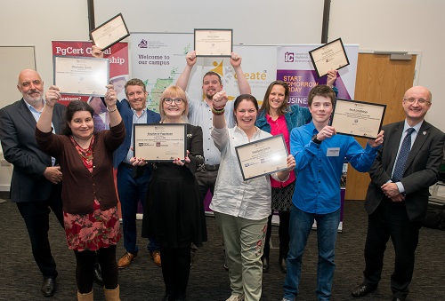 Business competition winners with Professor Chris O'Neil, Principal of Inverness College UHI, and Neil Simco, University of the Highlands and Islands Vice Principal (Research and Impact)