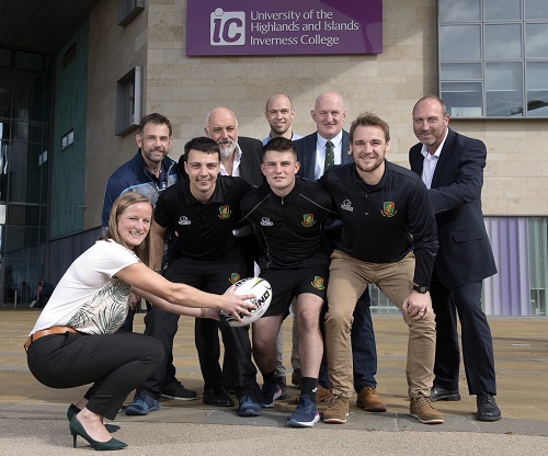 Kirsten Grant, Depute Head of the Care, Health and Wellbeing department at Inverness College UHI; Chris Hildrey, Regional Director – Caledonia North, Scottish Rugby; Ruaridh MacDonald, Highland Rugby Assistant Development Officer; Professor Chris O’Neil, Principal and Chief Executive of Inverness College UHI; William Moncrief, HND Coaching and Developing sport student who plays for Highland: Highl