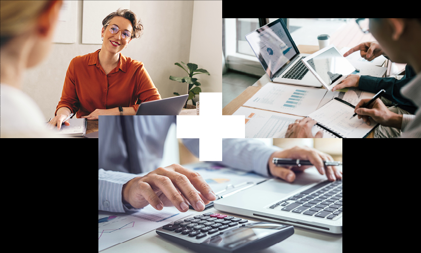 Collage of people working at desks on computers and with calculators Collage of people working at desks on computers and with calculators