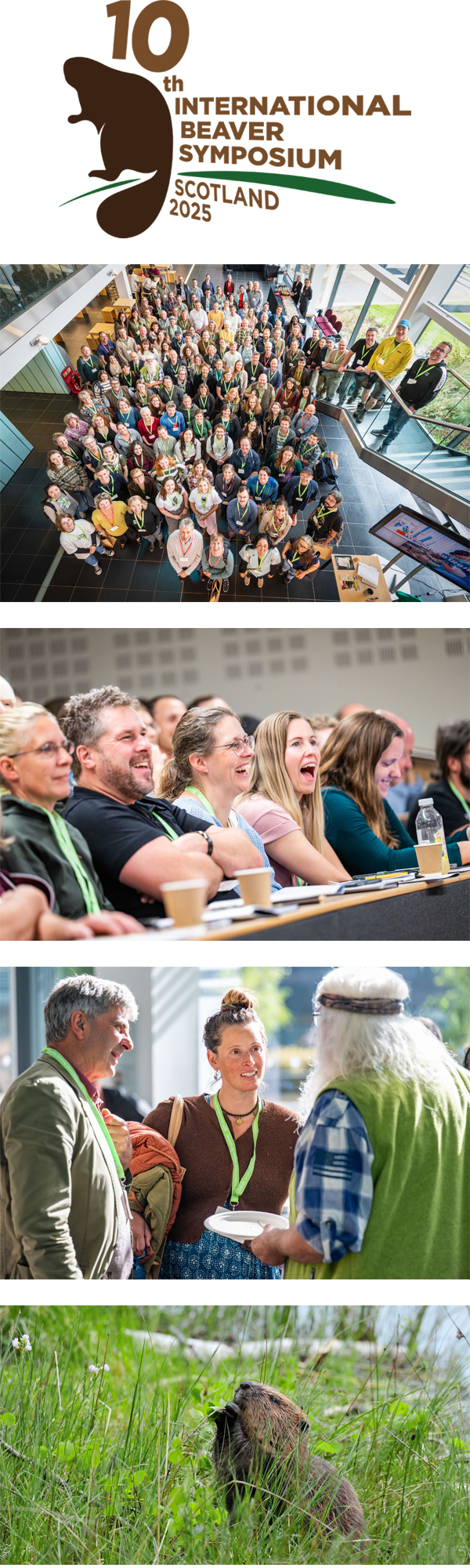 10th International Beaver Symposium logo, conference delegates, beaver eating at the edge of the river bank,