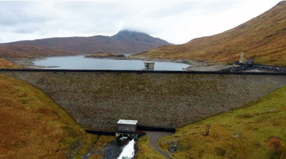 Quoich Dam – aerial drone photograph 2018 (taken by Shobhit Pipil, University of Durham).