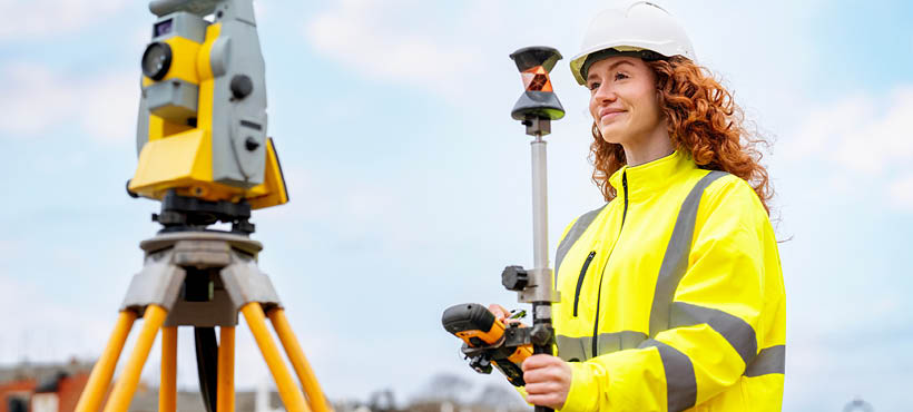 Civil engineering student on site wearing hi vis and hardhat