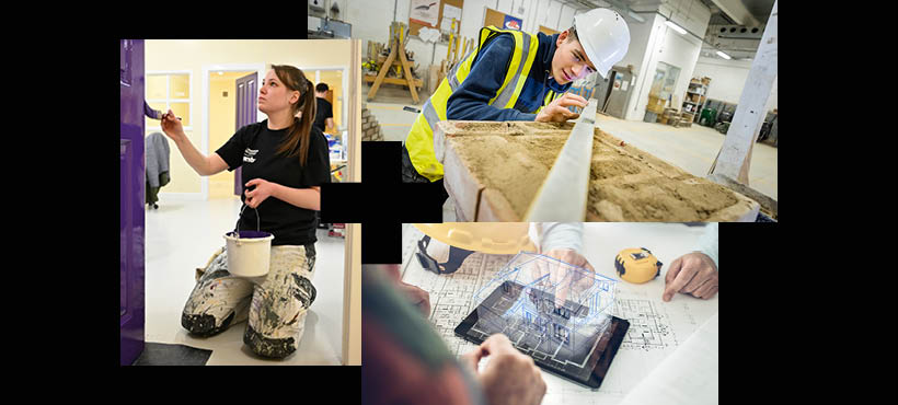 Collage of images: Painting student painting a door purple, Construction student using a level, graphic of a building blueprint Collage of images: Painting student painting a door purple, Construction student using a level, graphic of a building blueprint