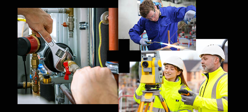 Collage of images. 1. Close up of hands using a spanner to fix pipes. 2. A plumber welding pipes together. 3. A cilvil engineer on site.