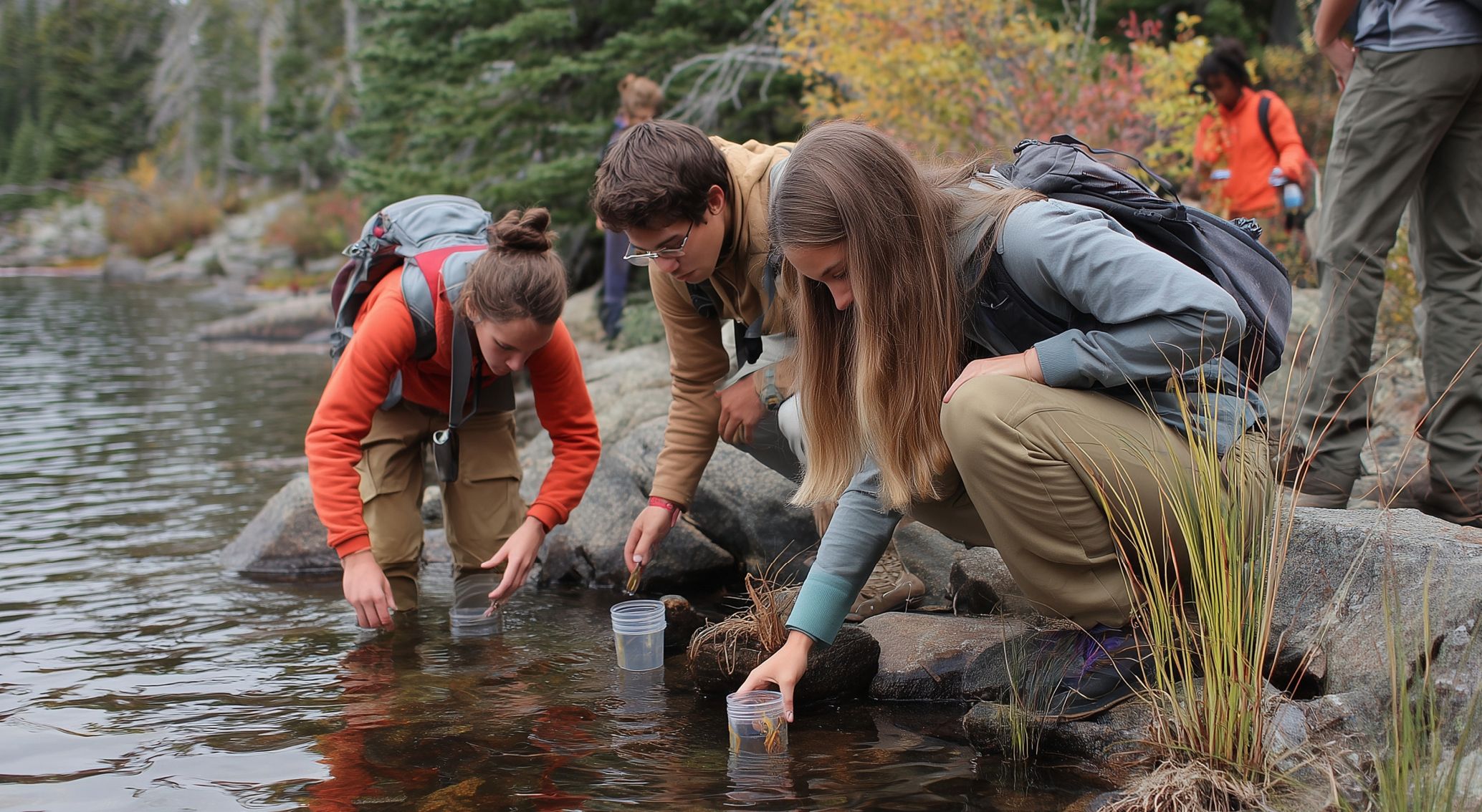 Students collecting water sample from a river. Students collecting water sample from a river.