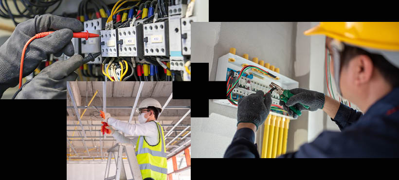 Collage of electrical installation students working on wires and power supplys Collage of electrical installation students working on wires and power supplys