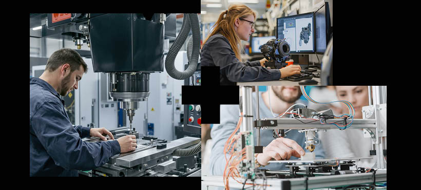 Collage of mechanical engineering students working on CAD drawing designs and mechanical equipment