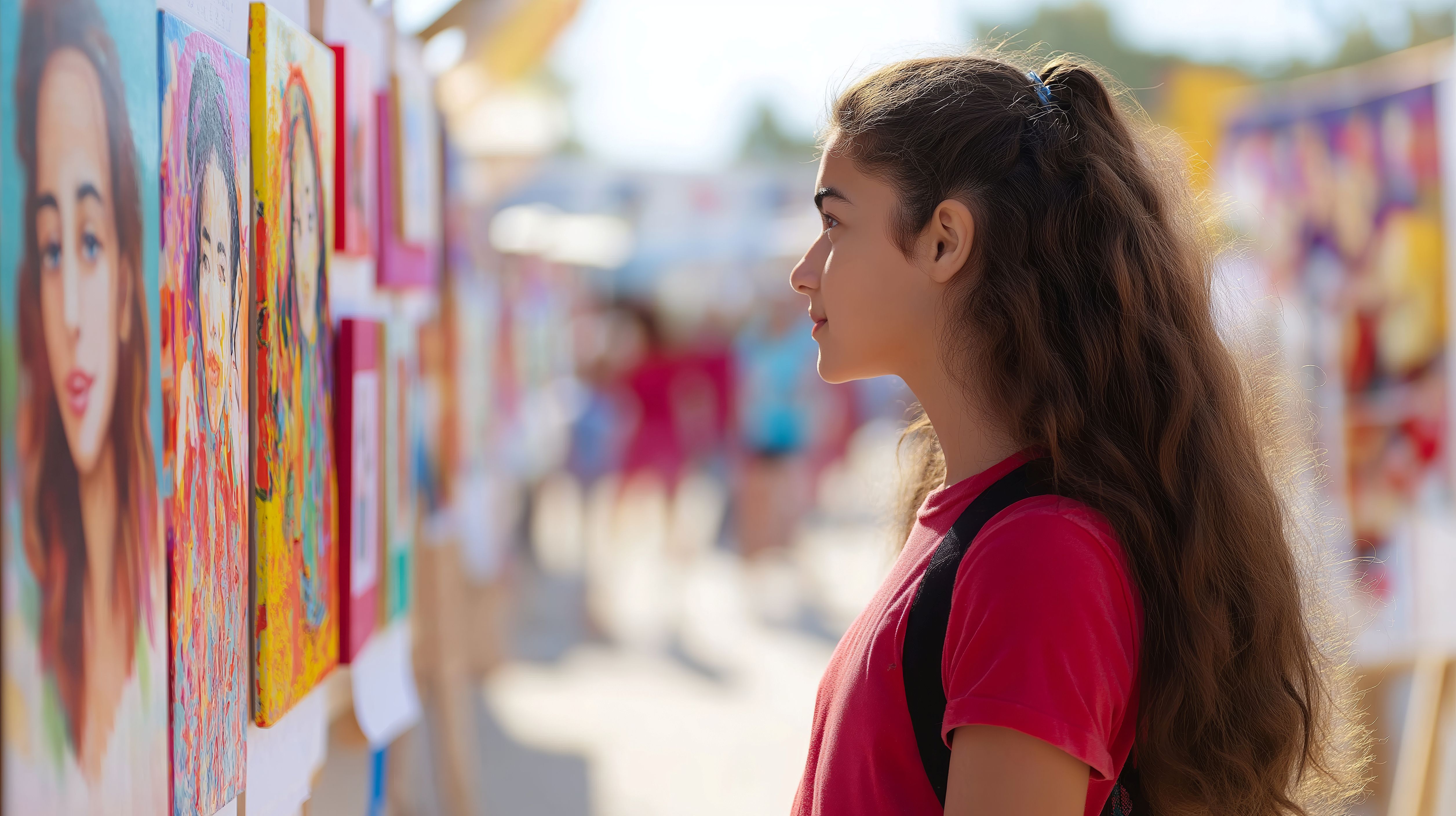 student looking at art student looking at art