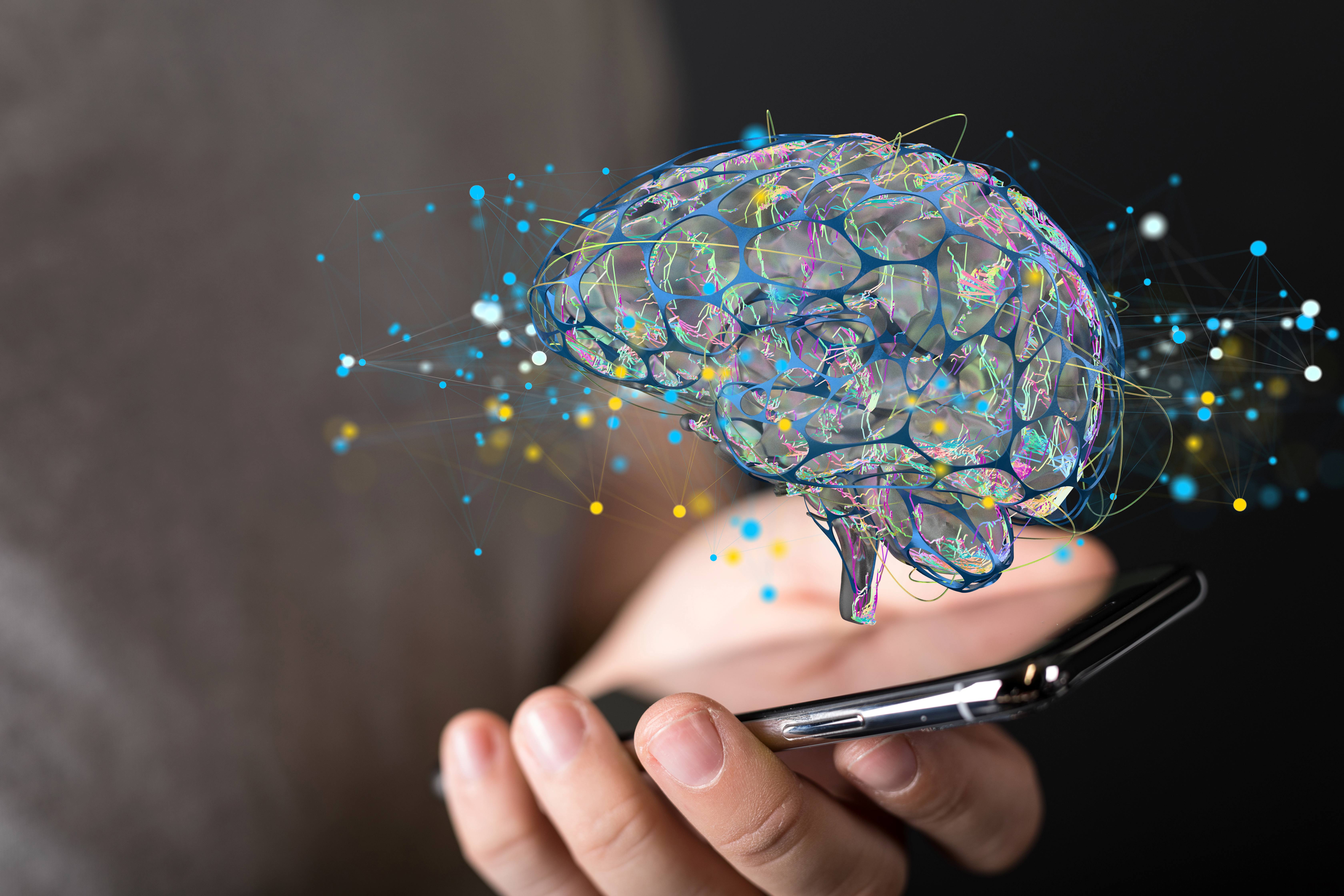 drawing of a brain coming up from a phone drawing of a brain coming up from a phone