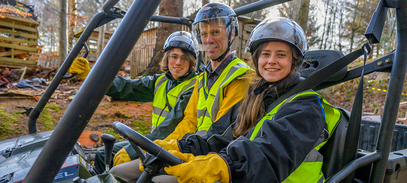 Forestry students in ATV at the Scottish School of Forestry campus